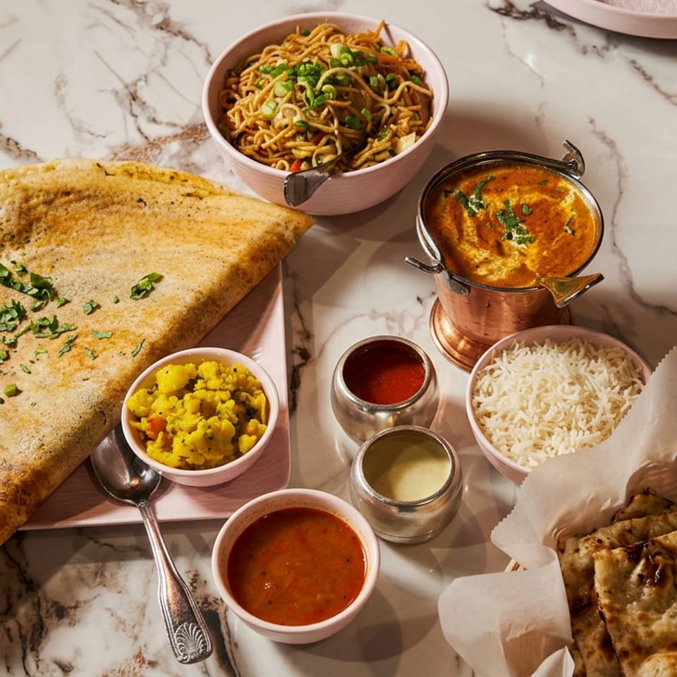 Indian meal spread with dosa, rice, curries, noodles, chutneys, and fried flatbread served on a marble table.