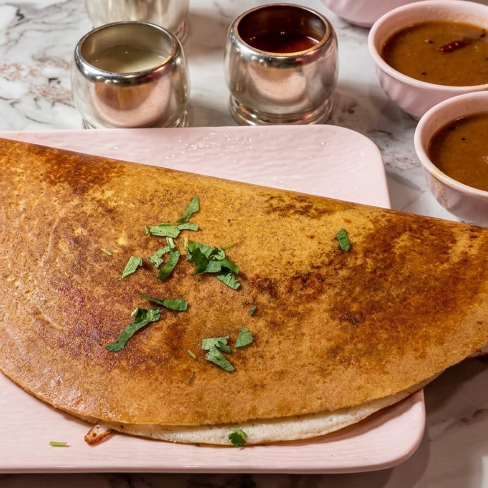 Crispy folded dosa garnished with cilantro on a pink plate, served with two bowls of sambar and chutney.