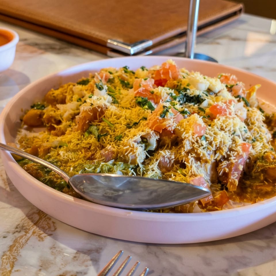 Colorful Indian chaat topped with sev, yogurt, chutney, tomatoes, and herbs served in a pink bowl on a marble table.