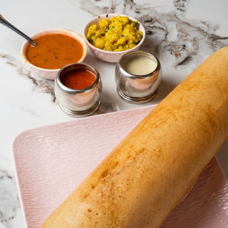 Crisp golden dosa served on a pink plate with sambar, chutney, and spiced potato filling on a marble table.