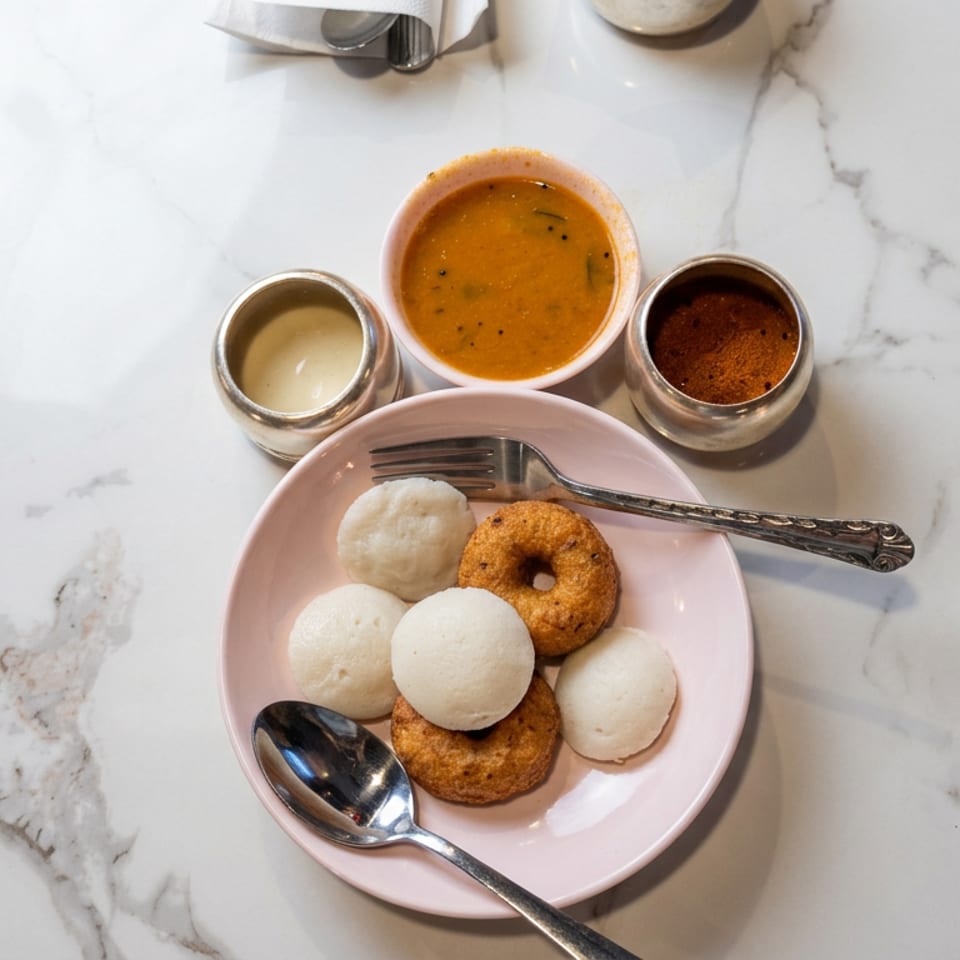 Plate of idli and vada served with three dipping sauces on a marble restaurant table.