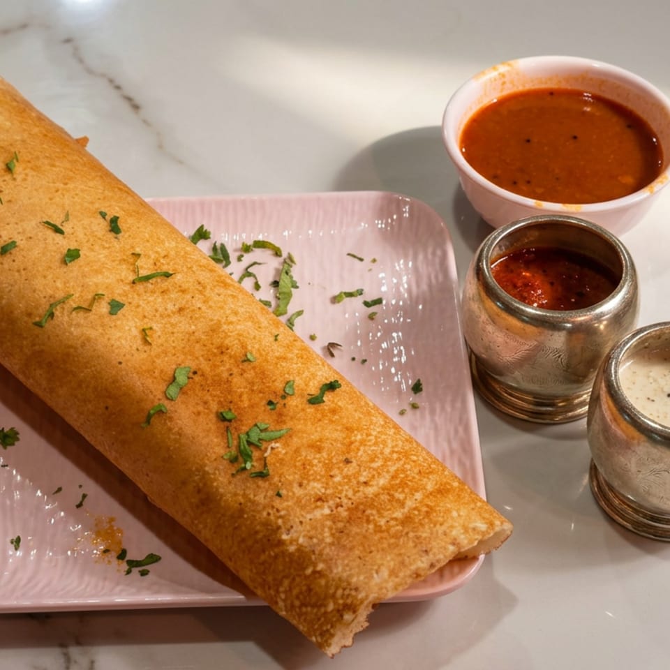 Crispy rolled dosa garnished with cilantro on a pink plate, served with three dipping sauces and grilled appetizers.