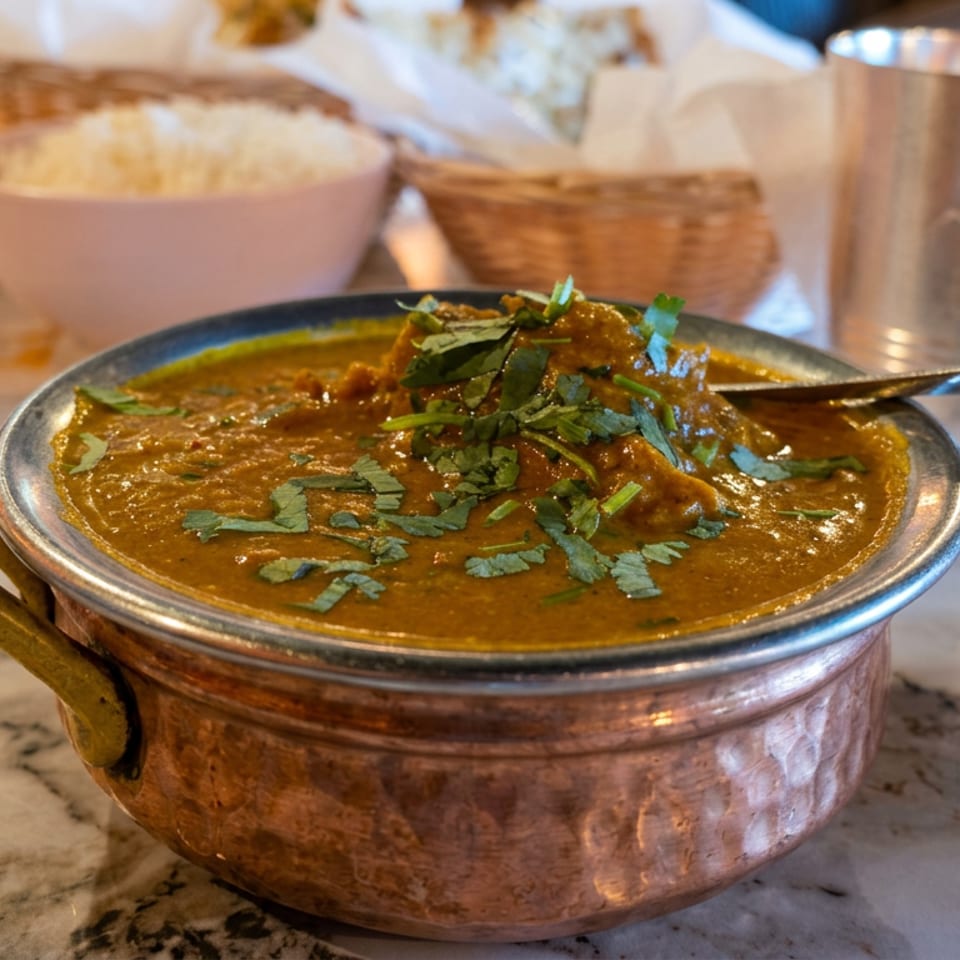 Copper serving bowl filled with rich curry, garnished with fresh cilantro, alongside rice and naan on a restaurant table.