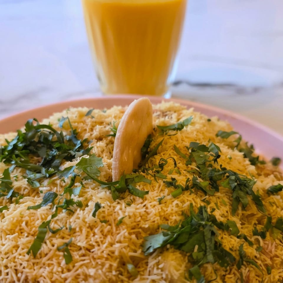 Plate of fragrant biryani rice garnished with fresh cilantro, served with a crisp edible garnish and mango drink.