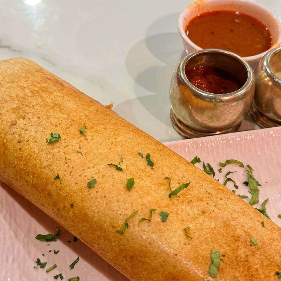 Golden dosa sprinkled with cilantro on a pink plate, served with three bowls of colorful chutneys and sauces.